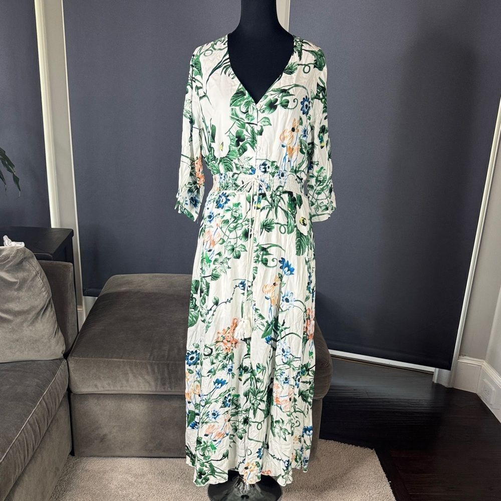 Women’s Floral Maxi Dress 3/4 Sleeve Empire Waist Button Front V-Neck Size XL